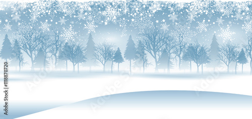 Winter Landscape background. Christmas Background. Winter Landscape blue sky with snow on forest pine tree on moutains. Snow hurricane landscape, snowflakes on blue background. social media banner