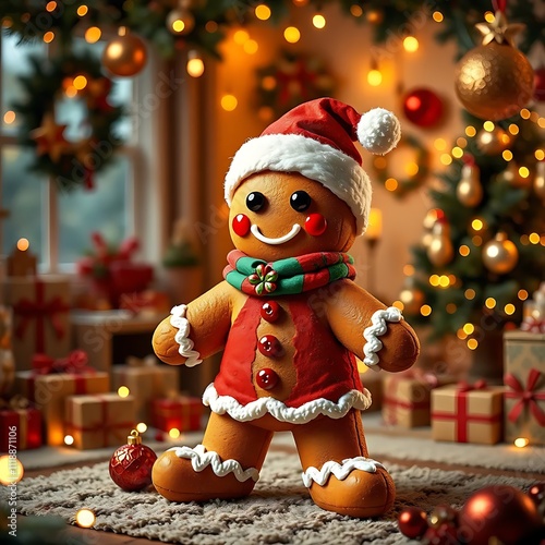 gingerbread man dressed in festive Christmas attire, captured in a cozy studio. The scene features warm lighting, holiday decorations, twinkling lights, ornaments, and a cheerful seasonal atmosphere