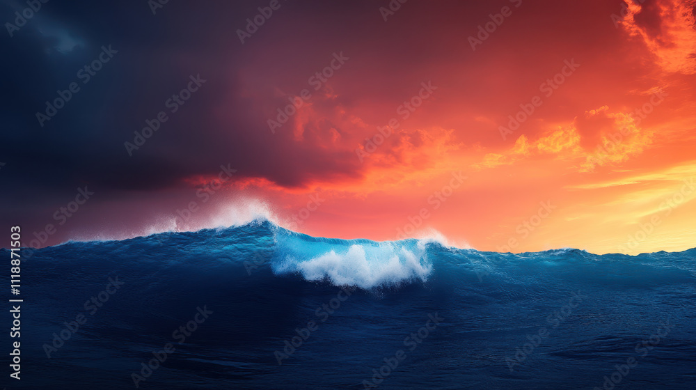 Fototapeta premium dramatic ocean wave rises in electric blues and fiery oranges, capturing intense beauty of nature at sunset. contrasting colors evoke sense of awe and tranquility