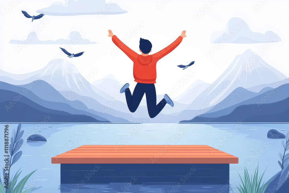 Obraz premium Seize the day. A person jumps joyfully from a dock into a serene lake, surrounded by mountains and flying birds, capturing a sense of freedom and adventure.