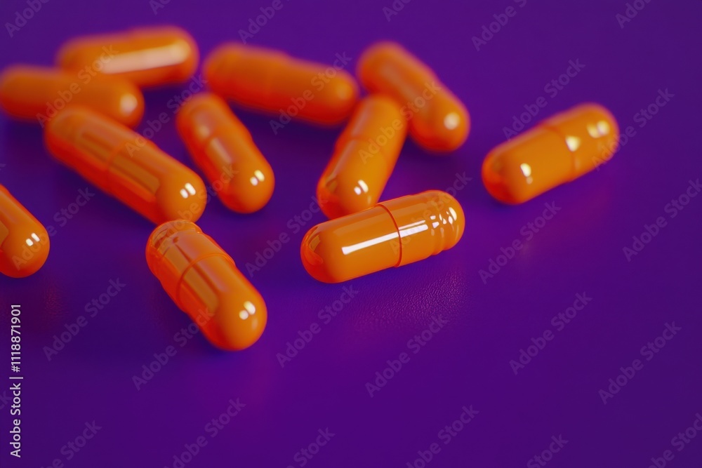 Shiny Orange Capsules on Purple Surface Shiny Orange Capsules on Purple Surface