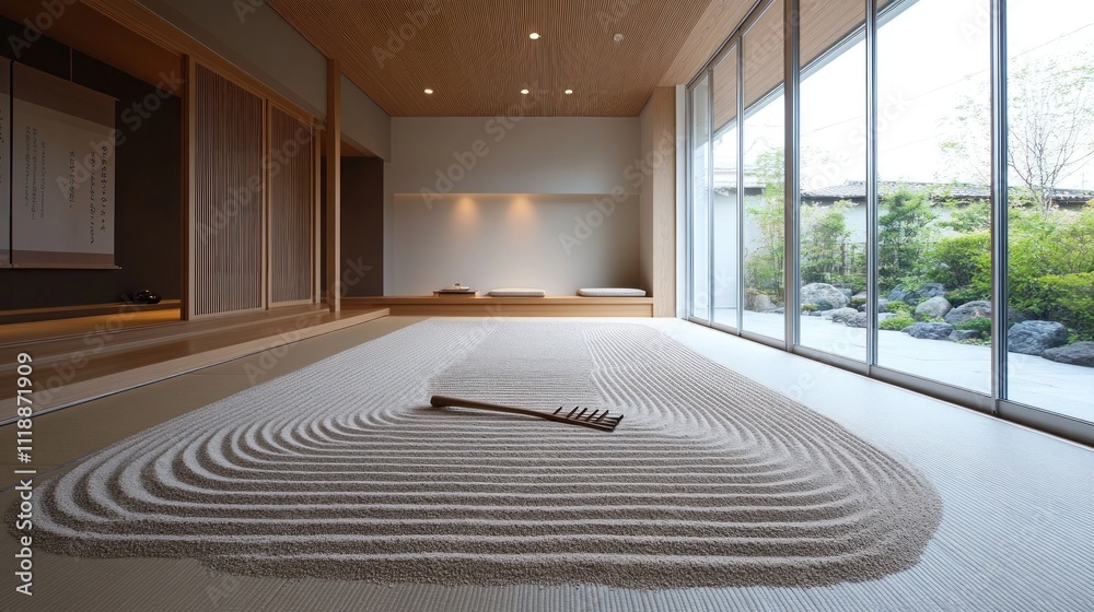 Fototapeta premium Serene minimalist zen garden room with sand rake, tatami mats, shoji screens, and large windows overlooking a Japanese garden.
