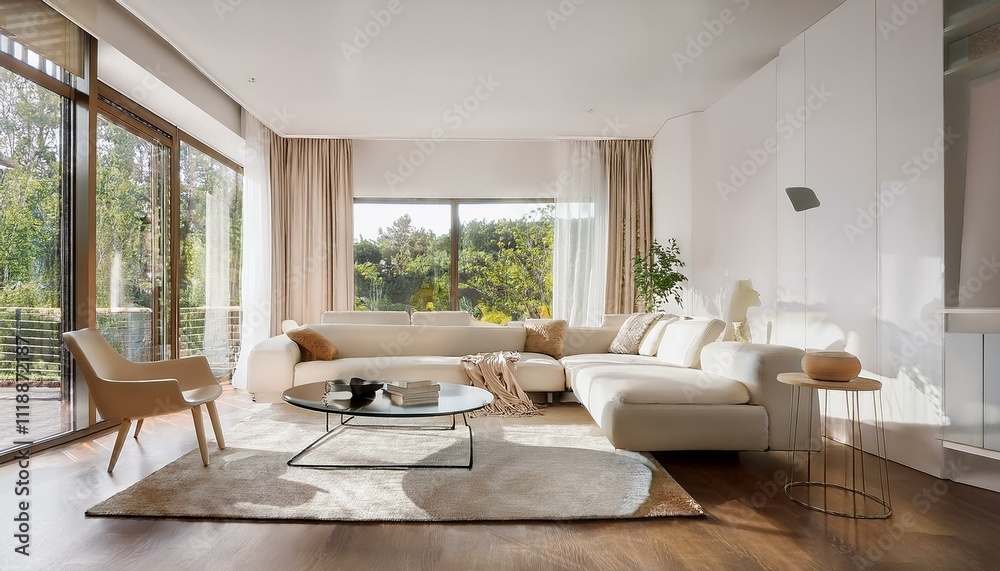 Fototapeta premium Incorporating plants into white and neutral living room designs