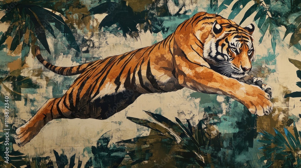 Obraz premium Leaping Tiger in Lush Jungle: A Powerful Artwork