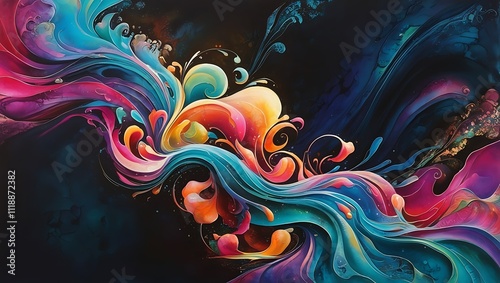 Abstract vibrant swirls and splashes of color on a dark background.