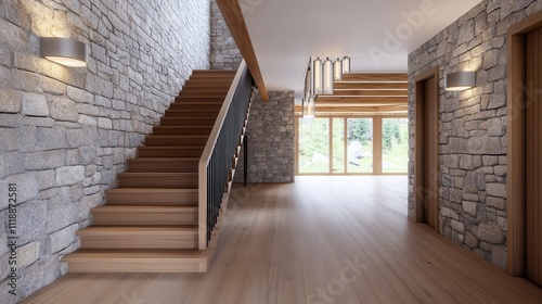Rustic Hallway with Stone Walls Wood Stairs and Soft Modern Lights