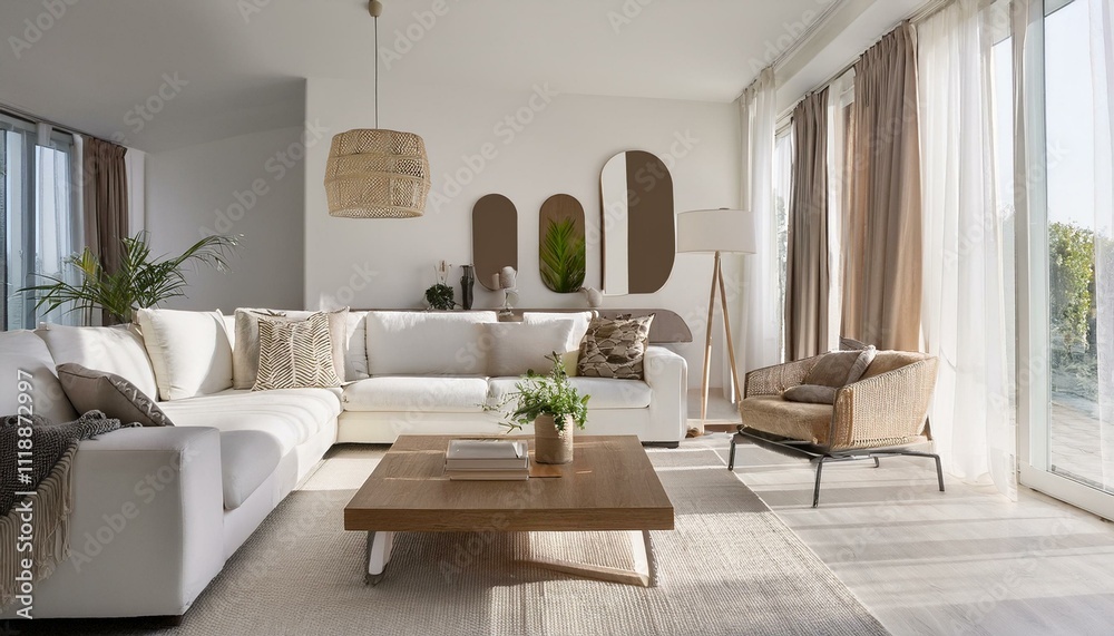 Fototapeta premium Incorporating natural elements in white and neutral living room designs