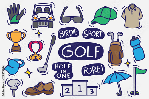 set of golf doodles with color good for background, wallpaper, icons, element design, etc