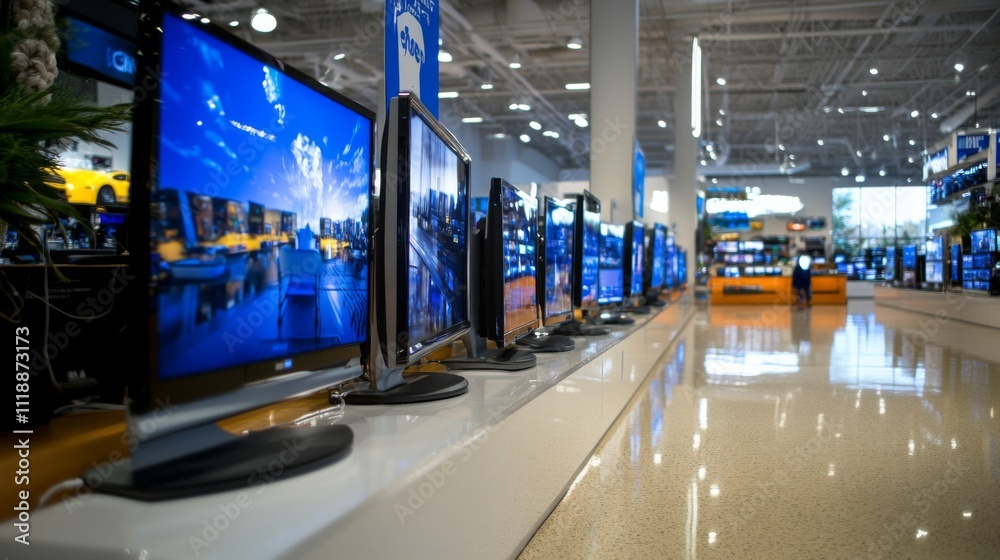 Electronics store showcasing various high-definition televisions in a modern retail space Electronics store showcasing various high-definition televisions in a modern retail space