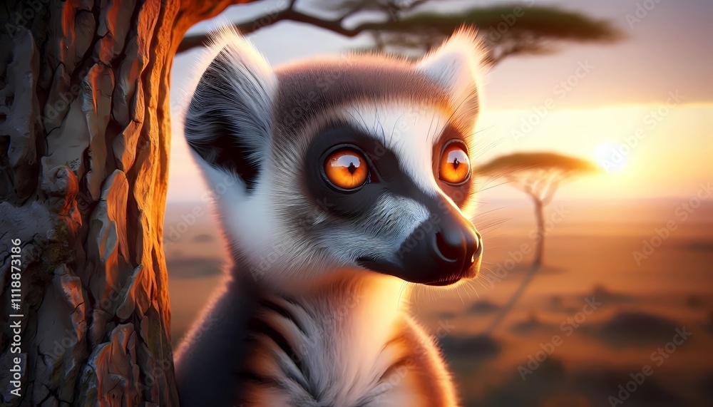 Fototapeta premium a lemur with glowing hazel eyes, in the background the Serengeti with soft, dawn light, created with generative A.I.