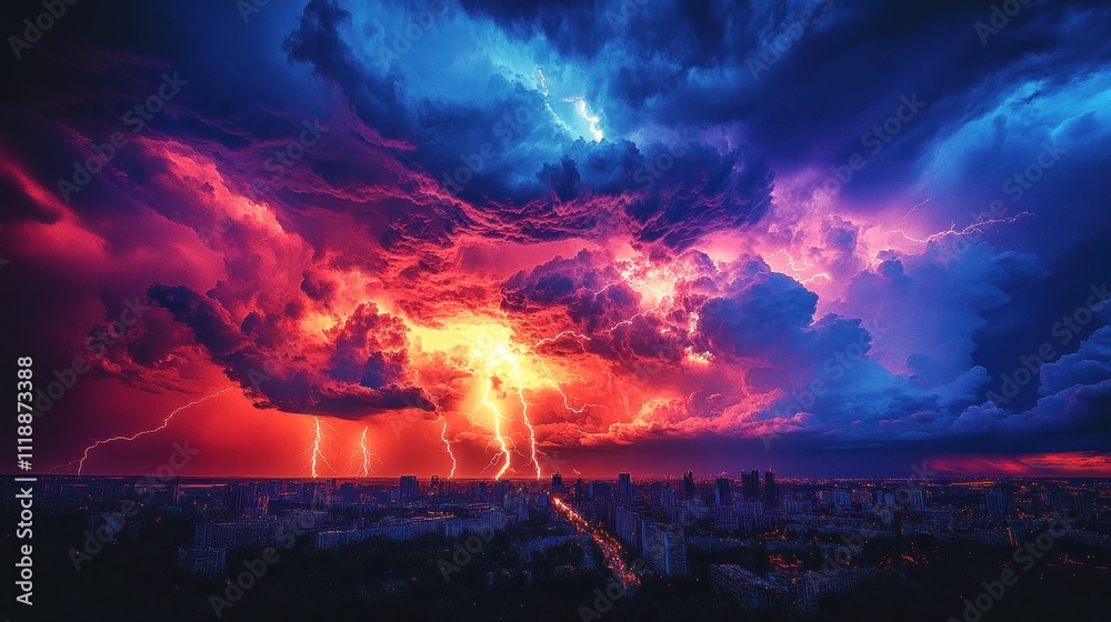 Obraz premium Dramatic lightning storm over city at night.