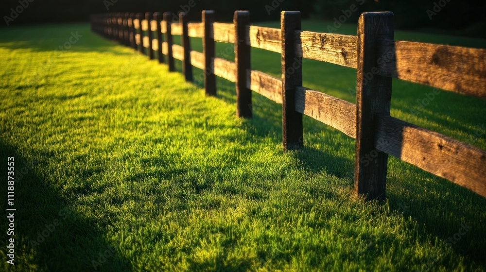 Wooden fence in a sunlit green field. Wooden fence in a sunlit green field.