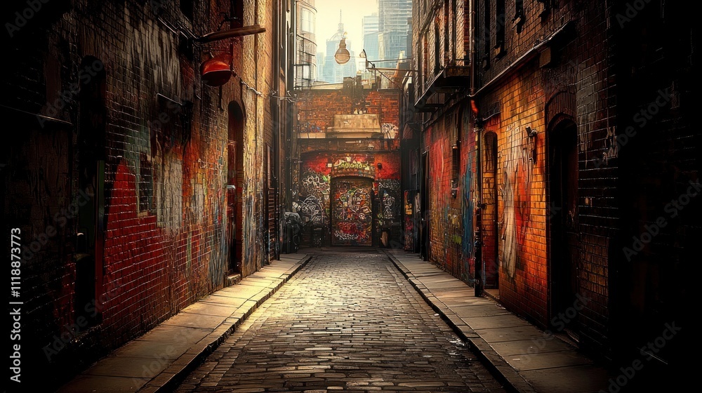 Sunlit cobblestone alleyway with graffiti-covered brick walls.