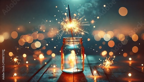 Sparkler fireworks in glass jar with colorful bokeh lights on wet surface