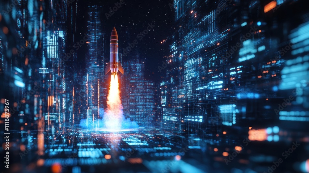 Fototapeta premium A rocket launching through a futuristic digital cityscape.