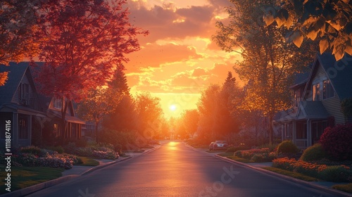 Idyllic suburban street at sunset, houses, trees, warm light.