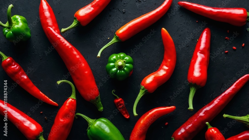 Variety of chili peppers on black background Variety of chili peppers on black background