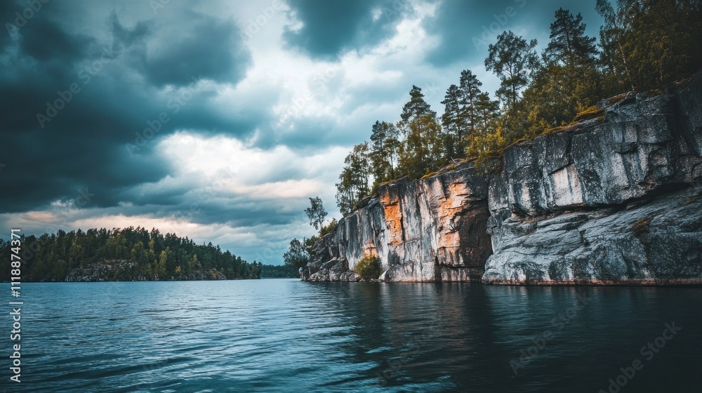 Dramatic lake view with cliff, trees, and stormy sky. Dramatic lake view with cliff, trees, and stormy sky.