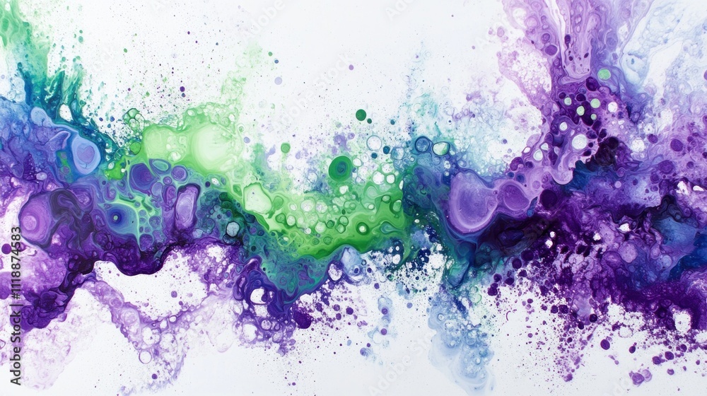 Obraz premium Abstract fluid art painting with purple, green, and white colors.