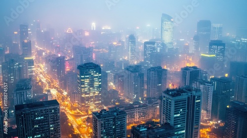 Wallpaper Mural Foggy cityscape at night, high-angle view of illuminated buildings and streets. Torontodigital.ca