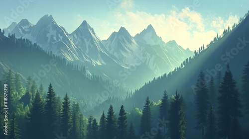 Majestic Mountain Range and Evergreen Forest Landscape