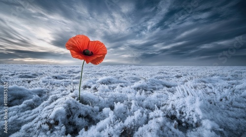 Single red poppy in a frosty field under a dramatic sky.