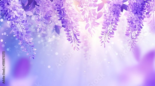 Here's a description and keywords for your image.. Dreamy lilac wisteria blossoms cascading in sunlit garden.