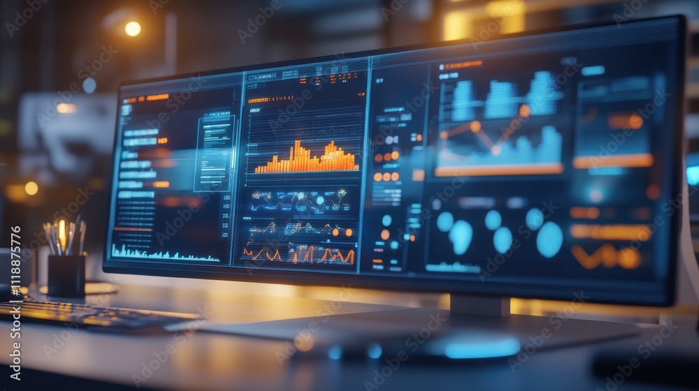 Futuristic computer displaying data analytics charts and graphs. Futuristic computer displaying data analytics charts and graphs.