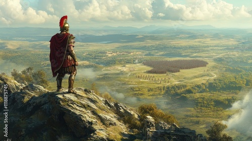 Roman soldier atop a hill overlooking a vast army encampment in a scenic valley.