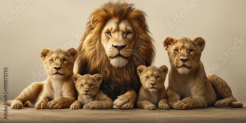 Majestic lion family portrait; father with three cubs.