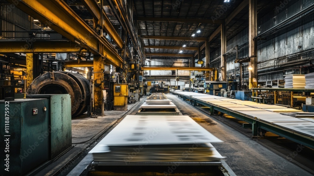 Fototapeta premium Industrial factory interior showing metal sheets moving on a conveyor belt through a large production line.