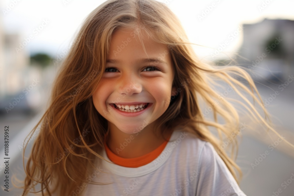 Portrait of a smiling little girl with long blond hair in the city Portrait of a smiling little girl with long blond hair in the city