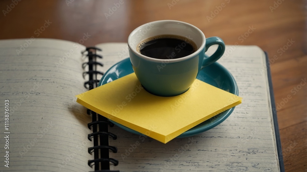 Yellow sticky note on notebook with coffee nearby Yellow sticky note on notebook with coffee nearby