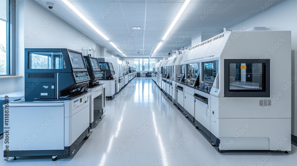 Obraz premium Modern, clean laboratory with rows of high-tech medical equipment.