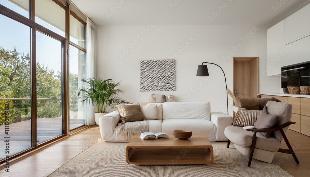 Fototapeta premium Inspiring color combinations for white and neutral living rooms that create a soothing and inviting atmosphere