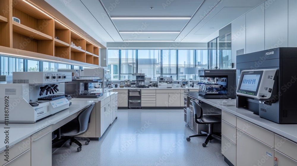 Here's a description and keywords for your stock photo.. Modern, bright laboratory with scientific equipment, large windows, and sleek cabinetry. Here's a description and keywords for your stock photo.. Modern, bright laboratory with scientific equipment, large windows, and sleek cabinetry.