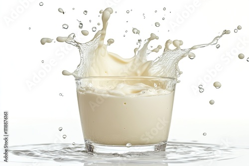 white milk splashing out of glass front view isolated on white with clipping path 