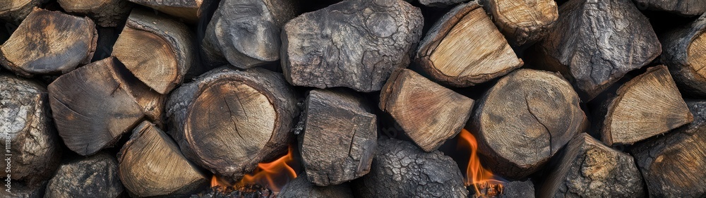 Stacked firewood with flames, ready for use in a fireplace. Stacked firewood with flames, ready for use in a fireplace.