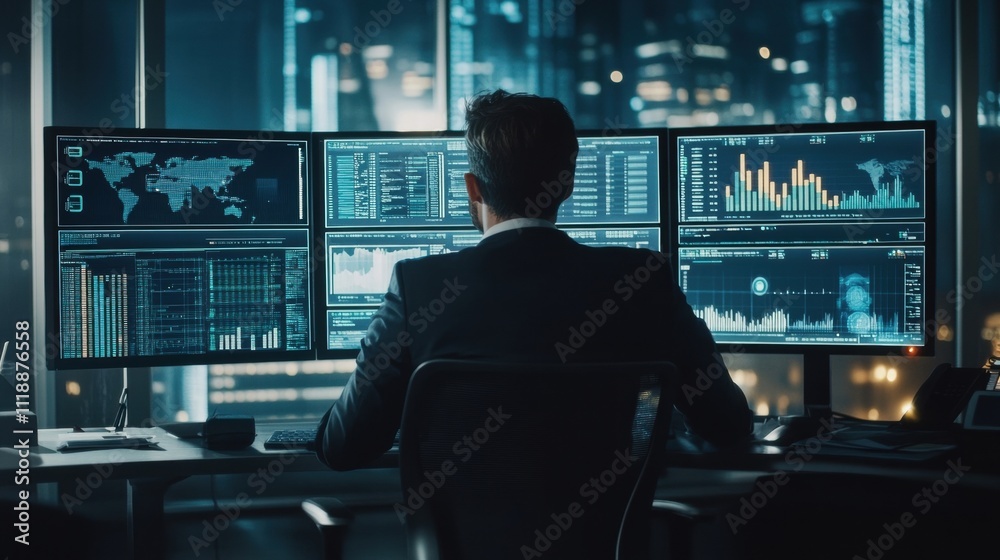 Businessman Analyzing Data on Multiple Monitors Businessman Analyzing Data on Multiple Monitors