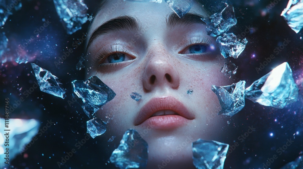 Close-up portrait of a young woman's face surrounded by shattered ice crystals against a cosmic backdrop. Close-up portrait of a young woman's face surrounded by shattered ice crystals against a cosmic backdrop.