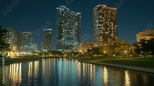 Night cityscape with illuminated skyscrapers reflected in calm water.