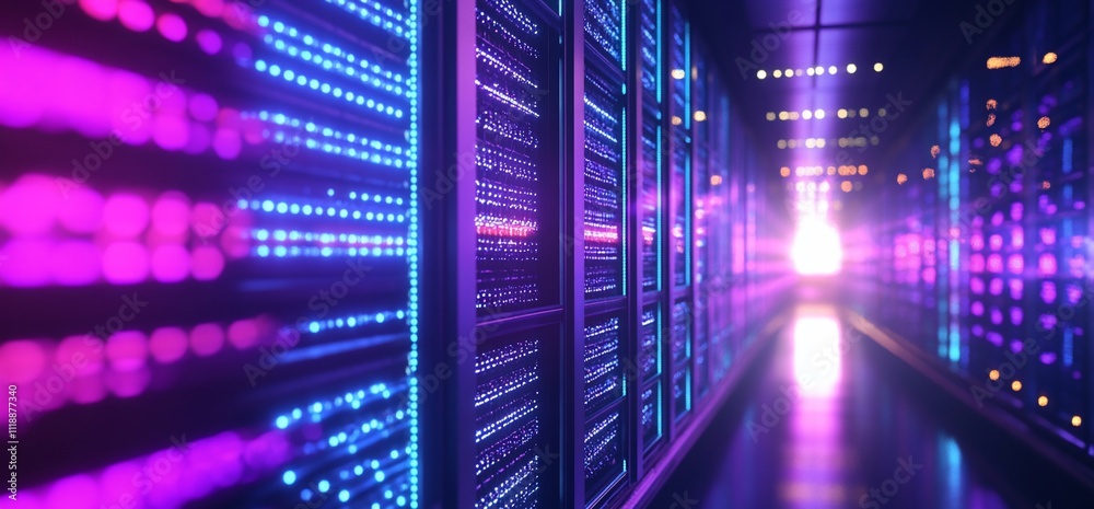 Illuminated server racks in a data center. Illuminated server racks in a data center.