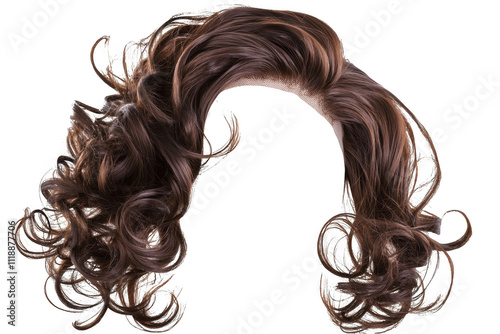Brown curly hair wig isolated on a png transparent background, female style.