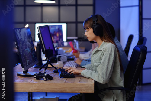 Young woman playing computer game with her friends in club at night