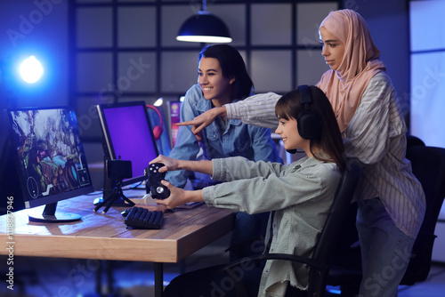 Young women playing compute...