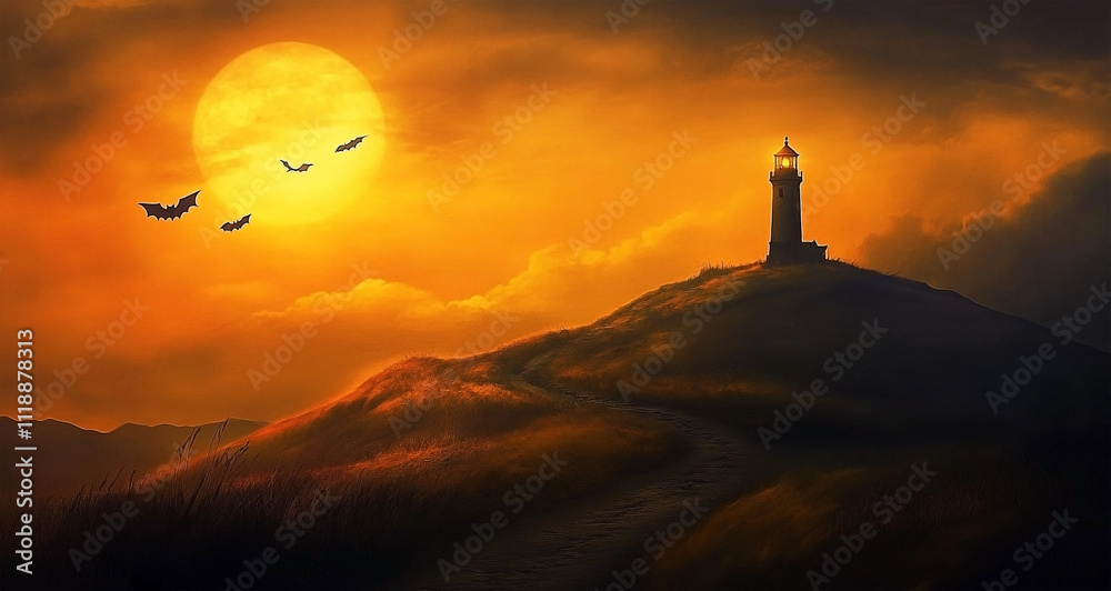Haunted Lighthouse at Dusk with Bats Flying in Moonlit Sky Haunted Lighthouse at Dusk with Bats Flying in Moonlit Sky