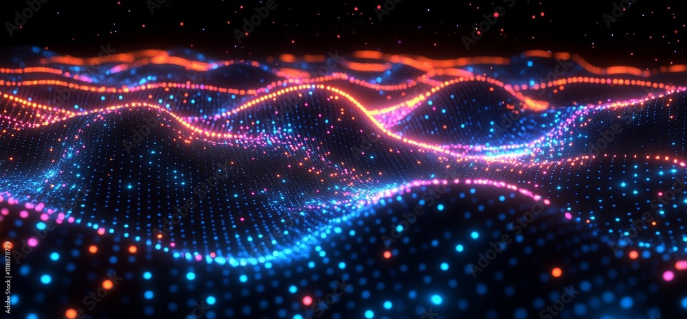 Abstract glowing wave particles, digital landscape. Abstract glowing wave particles, digital landscape.