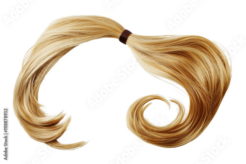 Blond hair isolated on a png transparent background, long wavy ponytail style.