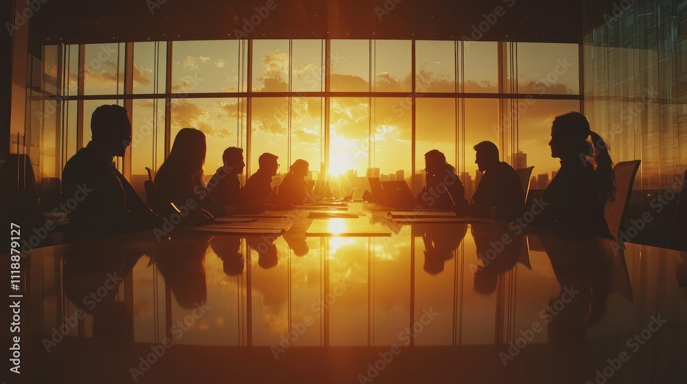 Silhouetted meeting against a sunset backdrop in a modern office. Silhouetted meeting against a sunset backdrop in a modern office.