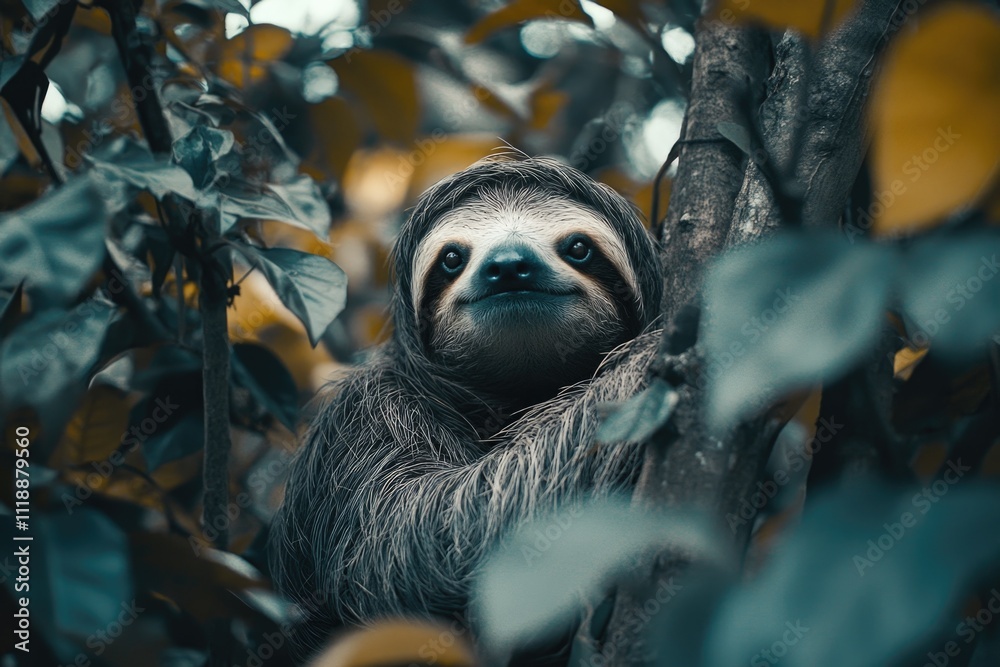 Fototapeta premium The sloth is among the trees, part of a habitat that could be a rainforest or jungle. This animal is known for its slow and deliberate movement.
